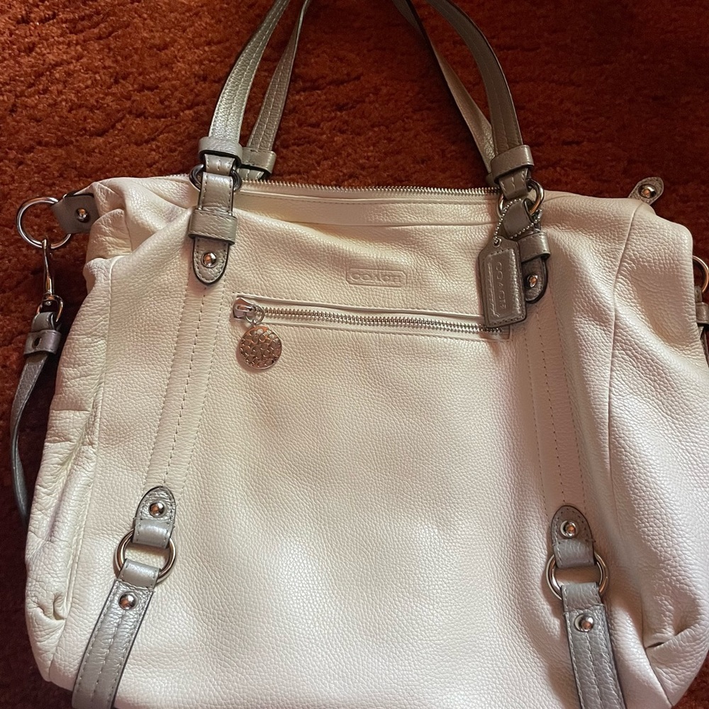 Coach White with silver accents leather handbag